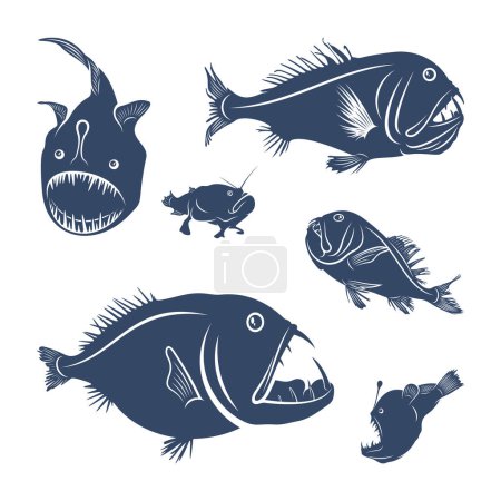 Téléchargez les illustrations : Ensemble d'illustration vectorielle de poissons d'eau profonde. Modèle de logo de poisson de mer profonde. - en licence libre de droit