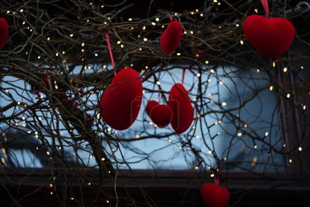 Foto de Close-up of red velvet hearts on willow branches among garland of lanterns,festive decor for Valentine's Day.Beautifully decorated shop window in the city.Cityscape, hearts in snow. - Imagen libre de derechos