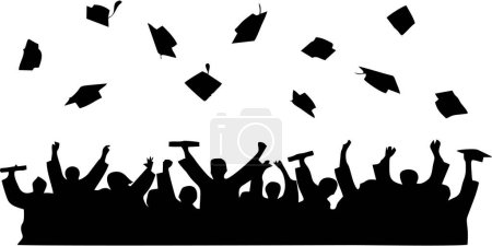 Illustration for Silhouette of a graduate celebrating graduation by throwing a toga into the air. Graduation illustration full of happiness and pride. The graduate who throws the toga. Editable vector in EPS10 format - Royalty Free Image