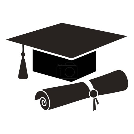Silhouette de mortier et diplôme sur fond blanc. Concept de fin d'études secondaires. Casquette de graduation modifiable et symbole de diplôme. Format PNG