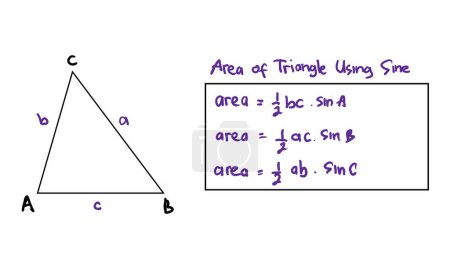 Illustration for Calculate the area of any triangle if you know one of the angles and two sides of the triangle using the sine. The formula for the area of a triangle. Trigonometry. Vector. EPS10 - Royalty Free Image