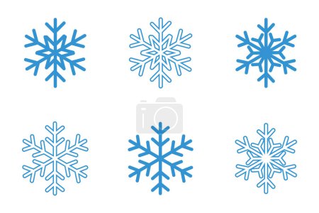 Ilustración de Copos de nieve icono establecido sobre fondo blanco, estilo plano, ilustración vectorial. 6 icono de copo de nieve en color azul cielo suave. Adecuado para el diseño de Navidad, temporada de invierno, etc - Imagen libre de derechos