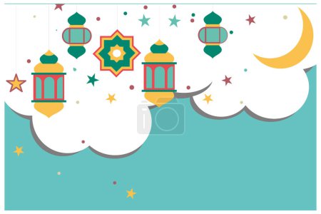 Téléchargez les illustrations : Carte de voeux Ramadan Kareem avec lanternes et croissant de lune. Ornement musulman. Convient pour les cartes de vœux pour l'Aïd al-Adha, l'Aïd al-Fitr et d'autres fêtes musulmanes - en licence libre de droit