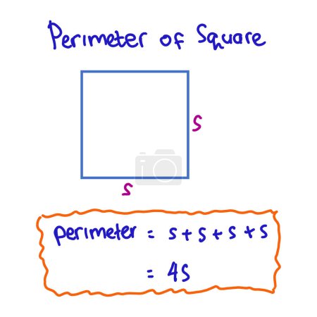 Illustration for Math formulas on a white background. Vector illustration of mathematical formulas. The formula for the perimeter of a square is accompanied by illustrative images - Royalty Free Image