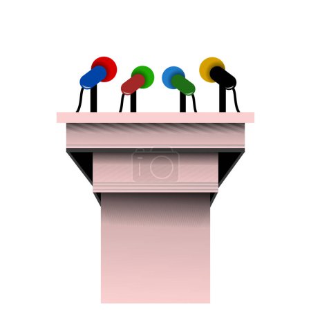 Podium avec microphones sur fond blanc. Illustration du podium. équipement de presse élément de conception