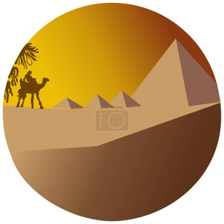 design element illustration of a desert with a silhouette of a person riding a camel. Natural desert background