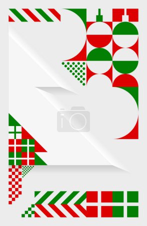Téléchargez les photos : Affiche du sapin de Noël style art Bauhaus. Modèle géométrique abstrait en vert, rouge, blanc. Modèle de fond pour la conception. Illustration vectorielle. - en image libre de droit