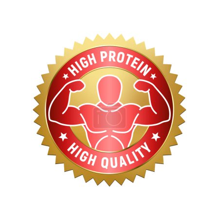 Badge of high protein. Gold and red high quality rubber stamp. Design elements for labels, stickers, banners, posters for food and health business. Vector illustration.