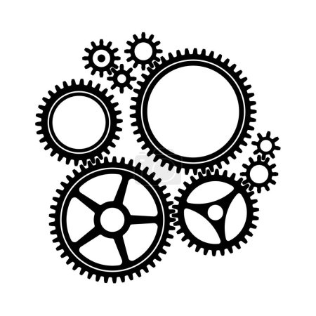 Groupe roue dentée mécanique. Petits et grands pignons. Silhouette noire élément de conception icône engrenage. Fond blanc. Illustration vectorielle.