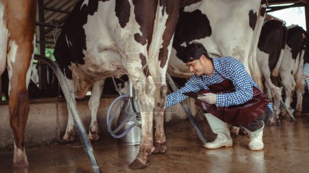 Foto de Agricultor masculino que utiliza la tableta para comprobar su ganado y la calidad de la leche en la granja lechera. Industria agrícola, agricultura y cría de animales concepto, Vaca en la granja lechera comer heno, Cobertizo. - Imagen libre de derechos