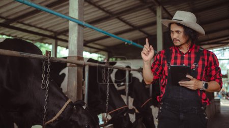 Téléchargez les photos : Agriculteur masculin utilisant la tablette pour vérifier son bétail et la qualité du lait dans la ferme laitière.Industrie agricole, concept d'élevage et d'élevage, Vache sur la ferme laitière mangeant du foin, Cowshed. - en image libre de droit