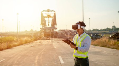 Photo for Asian engineer using virtual reality headset and tablet for inspecting and working at construction site - Royalty Free Image