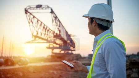 Téléchargez les photos : Homme Ingénieur utilisant téléphone portable et tablette de maintien pour inspecter et travailler sur le chantier de construction - en image libre de droit