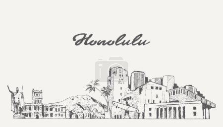 Téléchargez les illustrations : Honolulu County skyline, Hawaï, États-Unis Illustration vectorielle - en licence libre de droit
