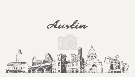 Téléchargez les illustrations : Austin skyline,Texas USA hand drawn. Vector illustration - en licence libre de droit