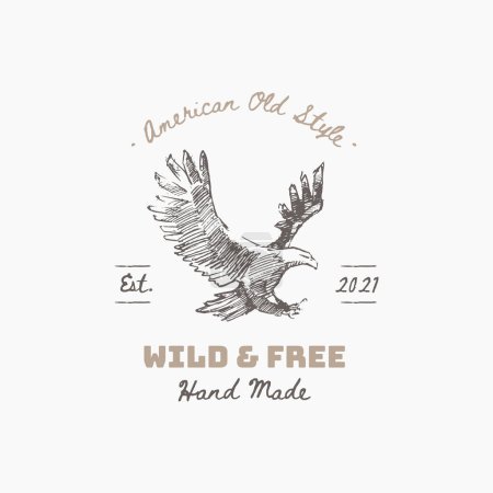 Illustration for Old school American logotype with flying eagle. Vector illustration - Royalty Free Image