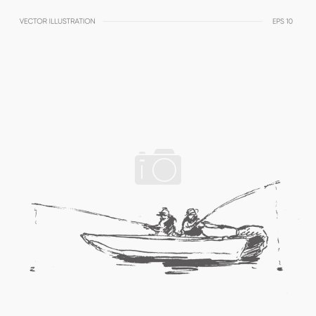 Téléchargez les illustrations : Fisherman on a boat fishing with a rod. Vector illustration - en licence libre de droit