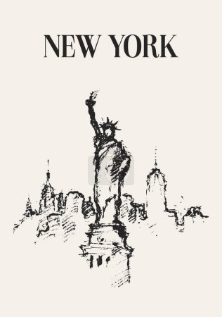 Illustration for Sketch of New York city skyline with Statue of Liberty on front. Vector illustration - Royalty Free Image