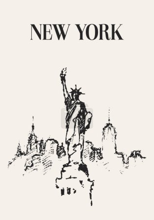 Illustration for Sketch of New York city skyline with Statue of Liberty on front. Vector illustration - Royalty Free Image