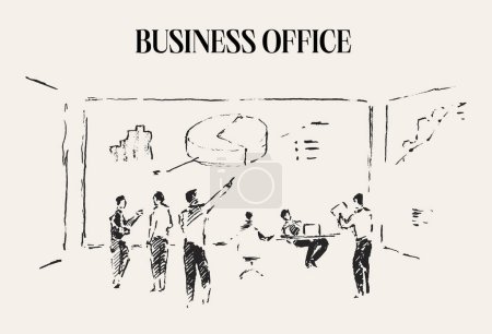 Ilustración de Trabajadores de oficinas de negocios en la reunión, dibujados a mano, boceto. Ilustración vectorial - Imagen libre de derechos