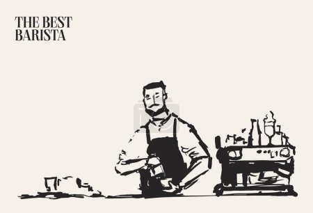 Téléchargez les illustrations : Le barista fait du café, illustration dessinée à la main. Illustration vectorielle - en licence libre de droit