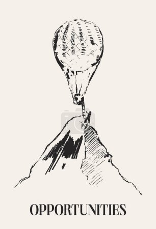 Ilustración de Globo aéreo volando sobre las montañas, aventuras alrededor del mundo, ilustración vectorial dibujada a mano, boceto. Ilustración vectorial - Imagen libre de derechos