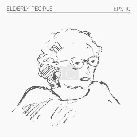 Téléchargez les illustrations : Portrait d'une grand-mère, une vieille femme, illustration vectorielle dessinée à la main. Illustration vectorielle - en licence libre de droit