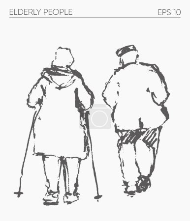 Illustration for Elderly people walking together, hand drawn vector illustration. Vector illustration - Royalty Free Image