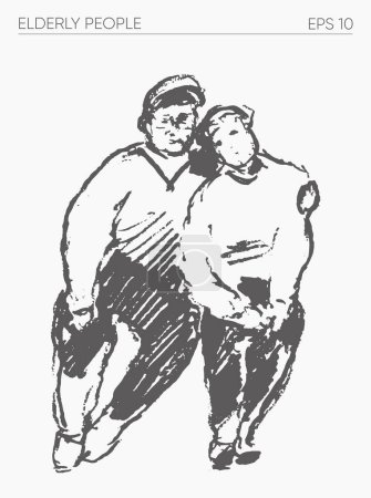 Illustration for Elderly people walking together, hand drawn vector illustration. Vector illustration - Royalty Free Image
