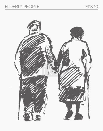 Téléchargez les illustrations : Personnes âgées marchant ensemble, illustration vectorielle dessinée à la main. Illustration vectorielle - en licence libre de droit
