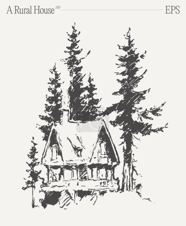 Ilustración de Un edificio rectangular en un arte blanco y negro, enclavado en medio de un bosque de árboles siempreverdes que incluyen pinos y alerces. - Imagen libre de derechos