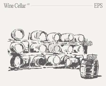 Illustration for A wine cellar illustration showcasing barrels stacked in a rectangular formation, resembling artistic artwork of an organized organism. - Royalty Free Image