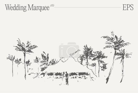 Ilustración de Un dibujo en blanco y negro de una novia y un novio de pie bajo un arco de bodas rodeado de árboles y un paisaje inclinado. - Imagen libre de derechos