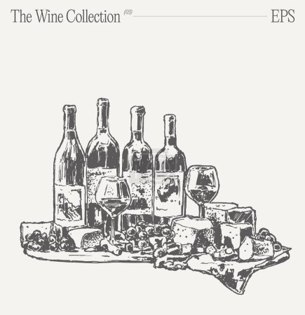 Ilustración de Retrato artístico compuesto por botellas de vino, copas de vino y uvas sobre una mesa. Una deliciosa presentación de vajilla y barbería que exhibe bebidas alcohólicas con un toque artístico. - Imagen libre de derechos