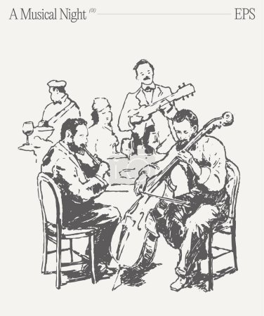 Téléchargez les illustrations : Un groupe d'hommes assis autour d'une table, jouant des instruments de musique comme la famille du violon, créant de l'art avec leur musique. - en licence libre de droit