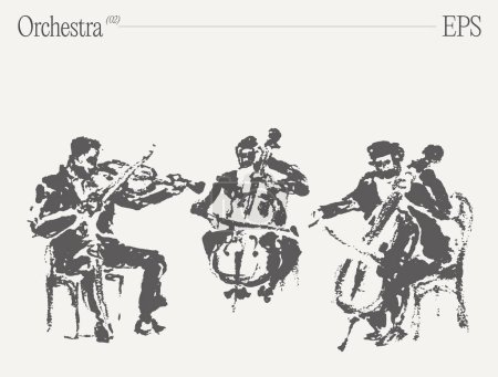 Illustration for A musical ensemble of men playing violins, a cello, and other instruments, creating harmonious melodies together. - Royalty Free Image