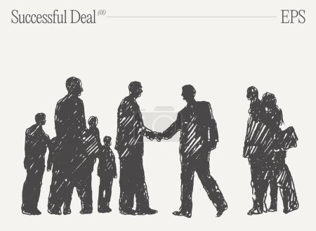 Illustration for A group of people expressing gestures of agreement while finalizing a successful deal in visual arts, sharing their artistic patterns and paintings. - Royalty Free Image
