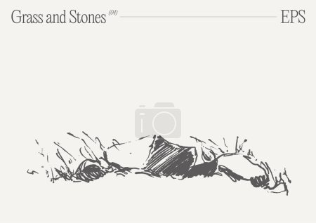 Illustration for A monochromatic artwork depicts an intricately detailed illustration of grass and rocks on a pristine white background. - Royalty Free Image