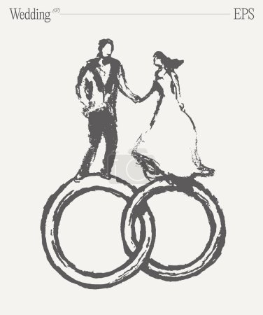 Illustration for Bride and groom on wedding bands. Conceptual hand drawn vector illustration, sketch. Vector illustration - Royalty Free Image