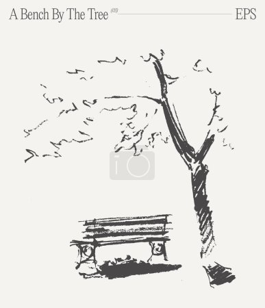 Illustration for The drawing, an illustration in monochrome, captures the gesture of a bench nestled under a beautiful tree, blending art and plant in a captivating visual composition. - Royalty Free Image
