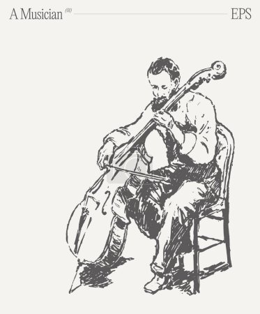 Téléchargez les illustrations : Un musicien assis sur une chaise jouant du violoncelle, un instrument à cordes connu pour son son riche et ses tons profonds. - en licence libre de droit