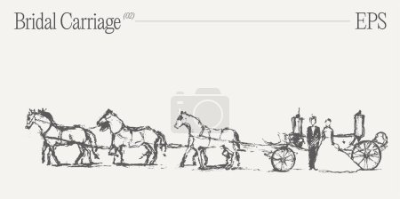 Illustration for A horse-drawn wedding carriage carrying the bride and groom. Hand drawn vector illustration, sketch. Vector illustration - Royalty Free Image