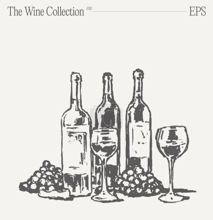 Illustration for An artistic portrayal consisting of bottles of wine, glasses of wine, and grapes on a table. A delightful presentation of drinkware and barware showcasing alcoholic beverages with an artistic touch. - Royalty Free Image