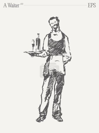 Illustration for A waiter gracefully balances a tray featuring a wine bottle and glass, showcasing the art of balancing objects on the human body. - Royalty Free Image