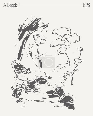 Illustration for A brook in the woods. A spring sketch. Hand drawn vector illustration. Vector illustration - Royalty Free Image