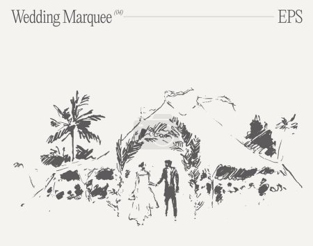 Téléchargez les illustrations : Un dessin noir et blanc d'une mariée et d'un marié debout sous une arche de mariage entourée d'arbres et d'un paysage en pente. - en licence libre de droit