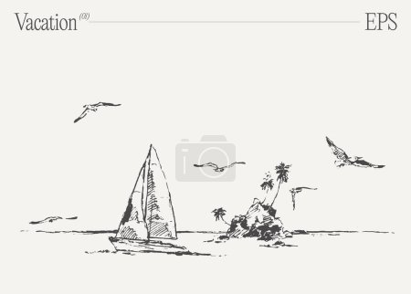 Ilustración de Un velero de dibujos animados en una playa tropical, rodeado de palmeras y gaviotas, con agua con gas. - Imagen libre de derechos