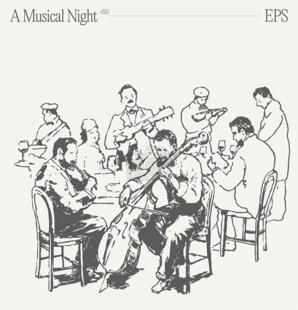 Illustration for A group of men sitting around a table, playing musical instruments like violin family, creating art with their music. - Royalty Free Image