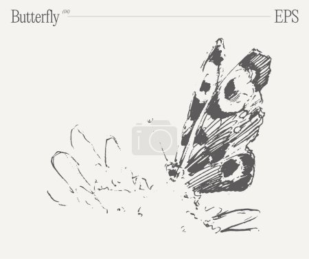 Una ilustración monocromática con una mariposa sobre una flor, mostrando la intrincada belleza de este insecto polinizador.