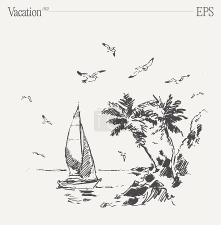 Illustration for A cartoonish sailboat on a tropical beach, surrounded by palm trees and seagulls, with sparkling water. - Royalty Free Image